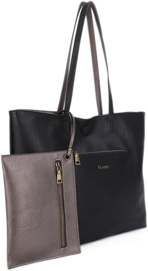 Liz Soto Julie Reversible Tote Bag for Women - Large Work Tote Bags for Women in Vegan Leather and Detachable Zippered Pouch
