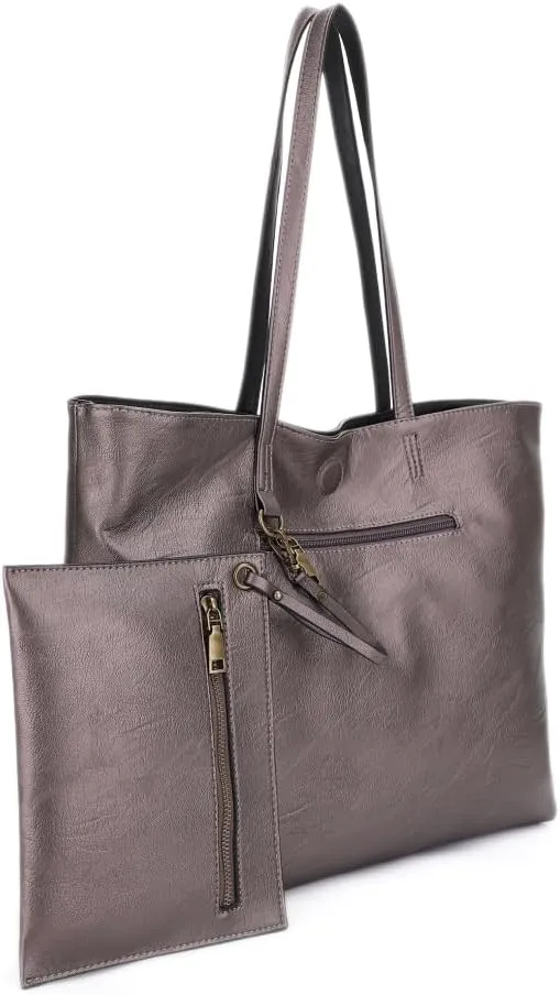 Liz Soto Julie Reversible Tote Bag for Women - Large Work Tote Bags for Women in Vegan Leather and Detachable Zippered Pouch