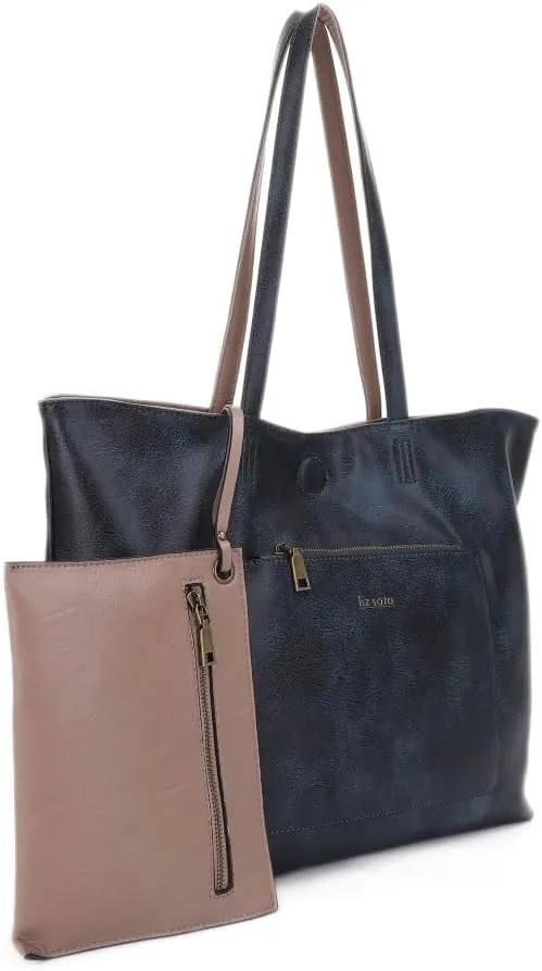 Liz Soto Julie Reversible Tote Bag for Women - Large Work Tote Bags for Women in Vegan Leather and Detachable Zippered Pouch