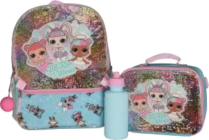 LOL Girl’s 4 Piece Backpack Set, Sequin School Bag with Front Zip Pocket, 2 Side Mesh Pockets, Insulated Lunch Bag, Water Bottle and Squish Ball Dangle, Turquoise Rainbow