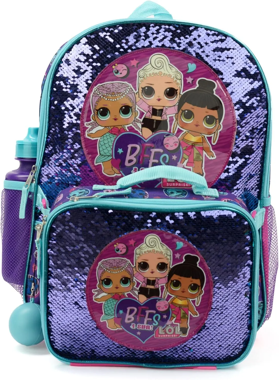 L.O.L. Surprise! Girl’s 4 Piece Backpack Set, Flip Sequin 16" School Bag with Front Zip Pocket, Purple and Teal