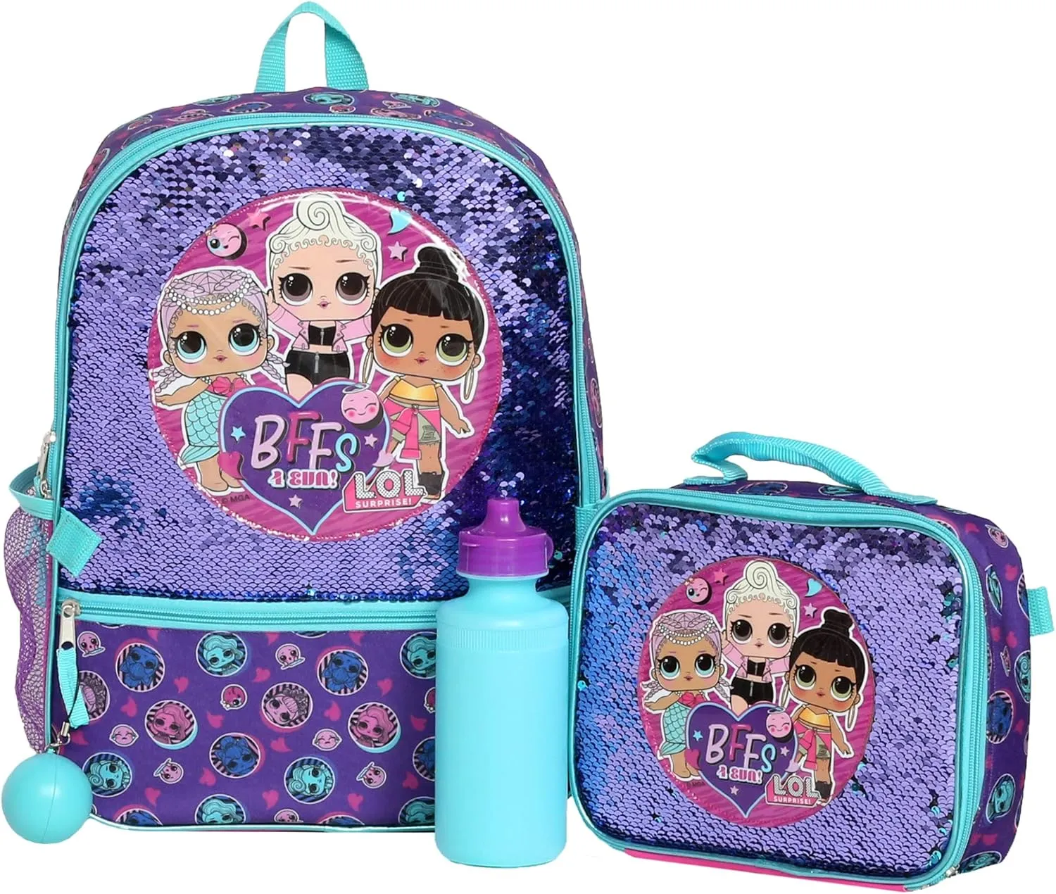 L.O.L. Surprise! Girl’s 4 Piece Backpack Set, Flip Sequin 16" School Bag with Front Zip Pocket, Purple and Teal