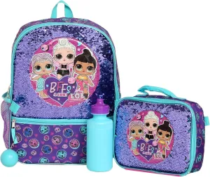 L.O.L. Surprise! Girl’s 4 Piece Backpack Set, Flip Sequin 16" School Bag with Front Zip Pocket, Purple and Teal