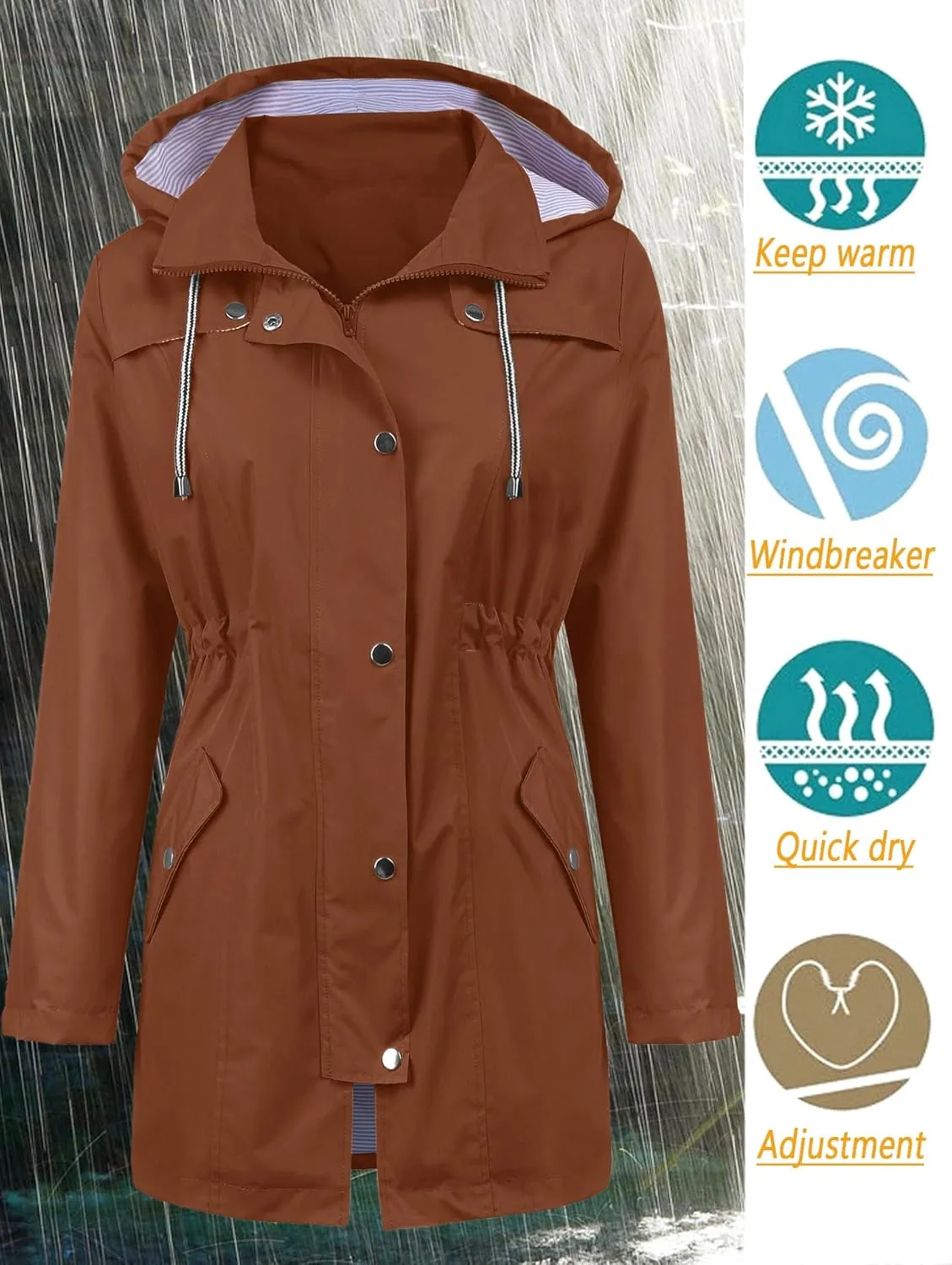 LOMON Raincoat Women Waterproof Long Hooded Trench Coats Lined Windbreaker Travel Jacket S-XXL