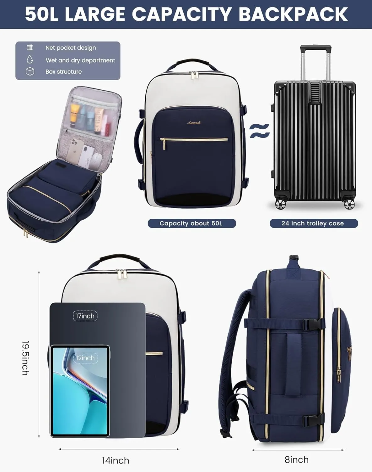 LOVEVOOK 50L Large Travel Backpack for Women & Men, Carry on Airline Approved, Waterproof Travel Essentials fits 18" Laptop, TSA Personal Item Travel Bag Sports Backpack with 3 Packing Cubes