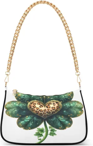Lucky Four-leaf Clover Shoulder Handbags for Women Travel Hobo Tote Handbag Women Gold Chain Shoulder Bags Purse with Zipper Closure