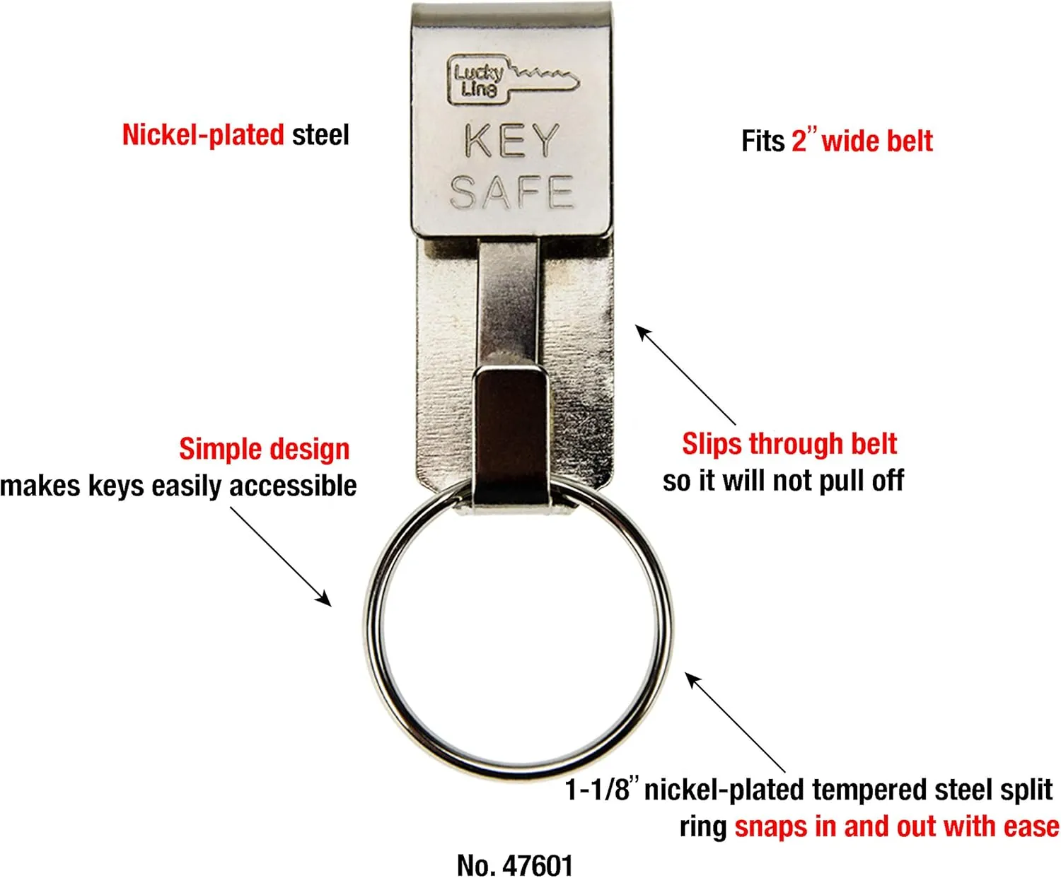 Lucky Line Key Safe Slip-On, 2” Wide Belt Key Ring - Heavy Duty Belt Key Clip, Key Chain, 30 per Bag