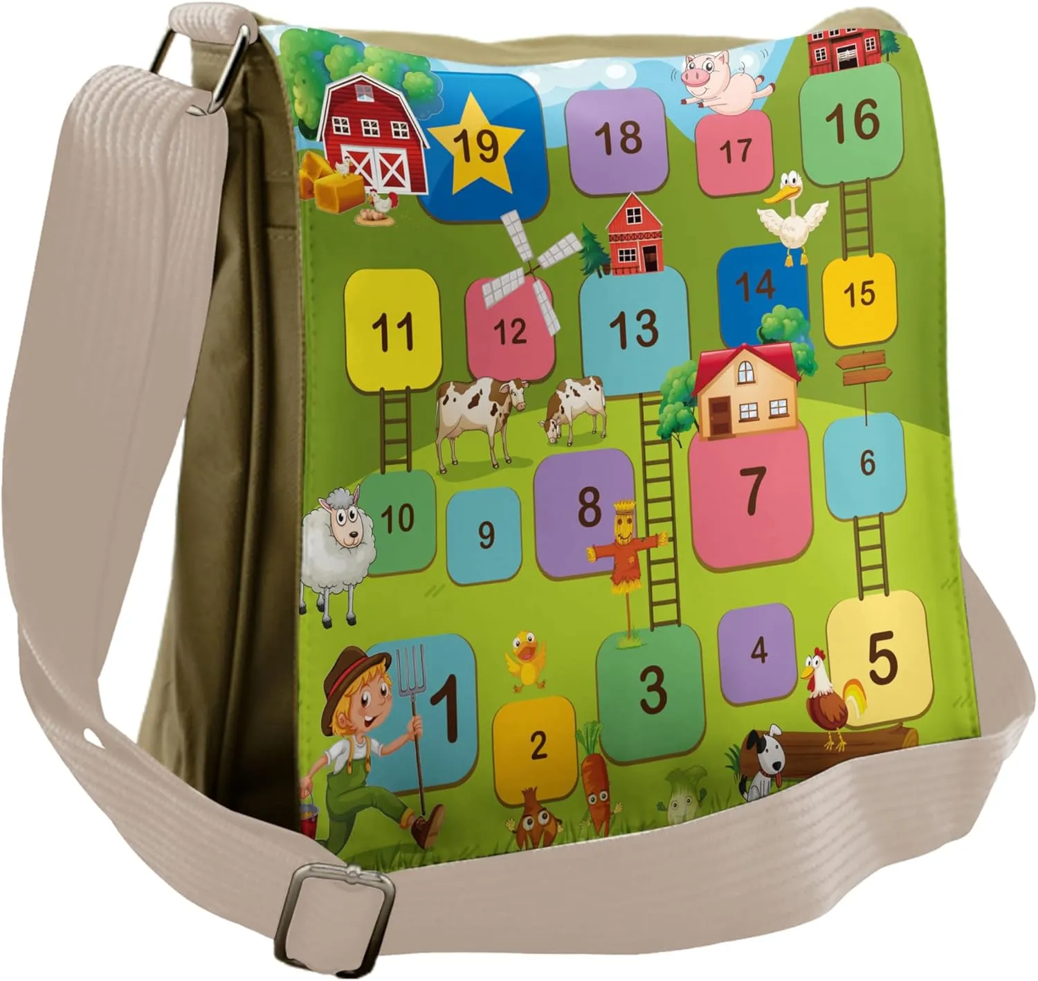 Lunarable Animals Messenger Bag, Funny Farmland Life Cartoon, Unisex Cross-body