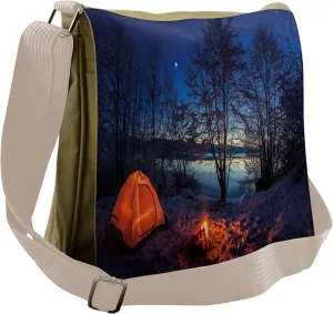 Lunarable Camper Messenger Bag, Tent in Winter Camp at Night, Unisex Cross-body