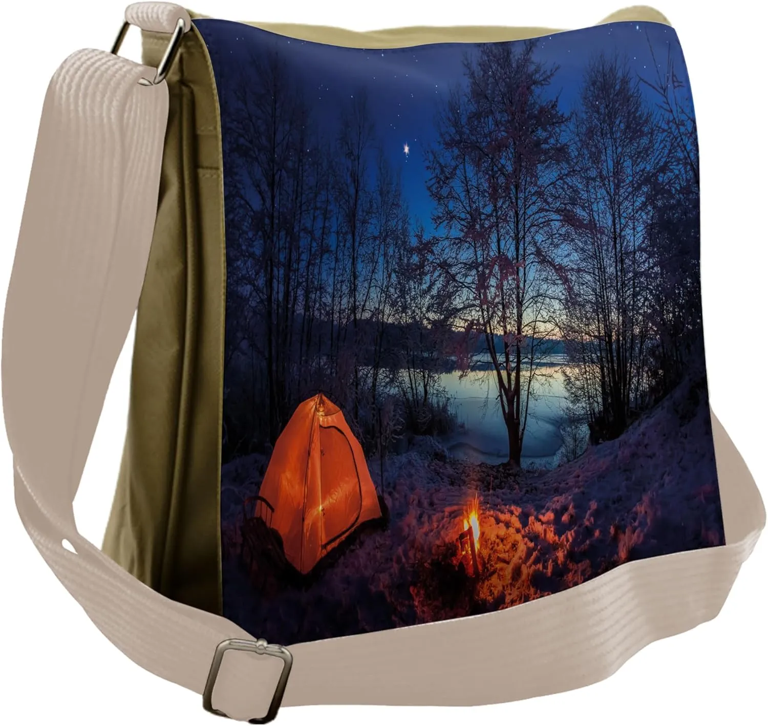 Lunarable Camper Messenger Bag, Tent in Winter Camp at Night, Unisex Cross-body