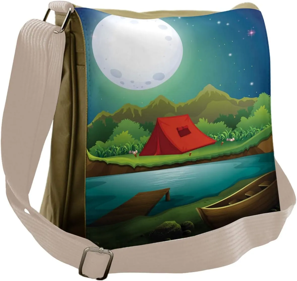 Lunarable Camping Messenger Bag, Tent by the Lake Full Moon, Unisex Cross-body