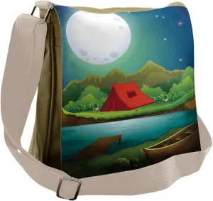 Lunarable Camping Messenger Bag, Tent by the Lake Full Moon, Unisex Cross-body