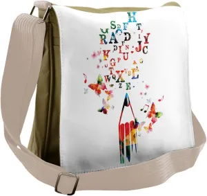 Lunarable Cartoon Messenger Bag, Butterflies Letters Print, Unisex Cross-body