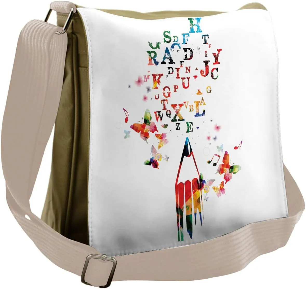 Lunarable Cartoon Messenger Bag, Butterflies Letters Print, Unisex Cross-body