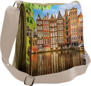 Lunarable European Messenger Bag, Old Buildings in Amsterdam, Unisex Cross-body