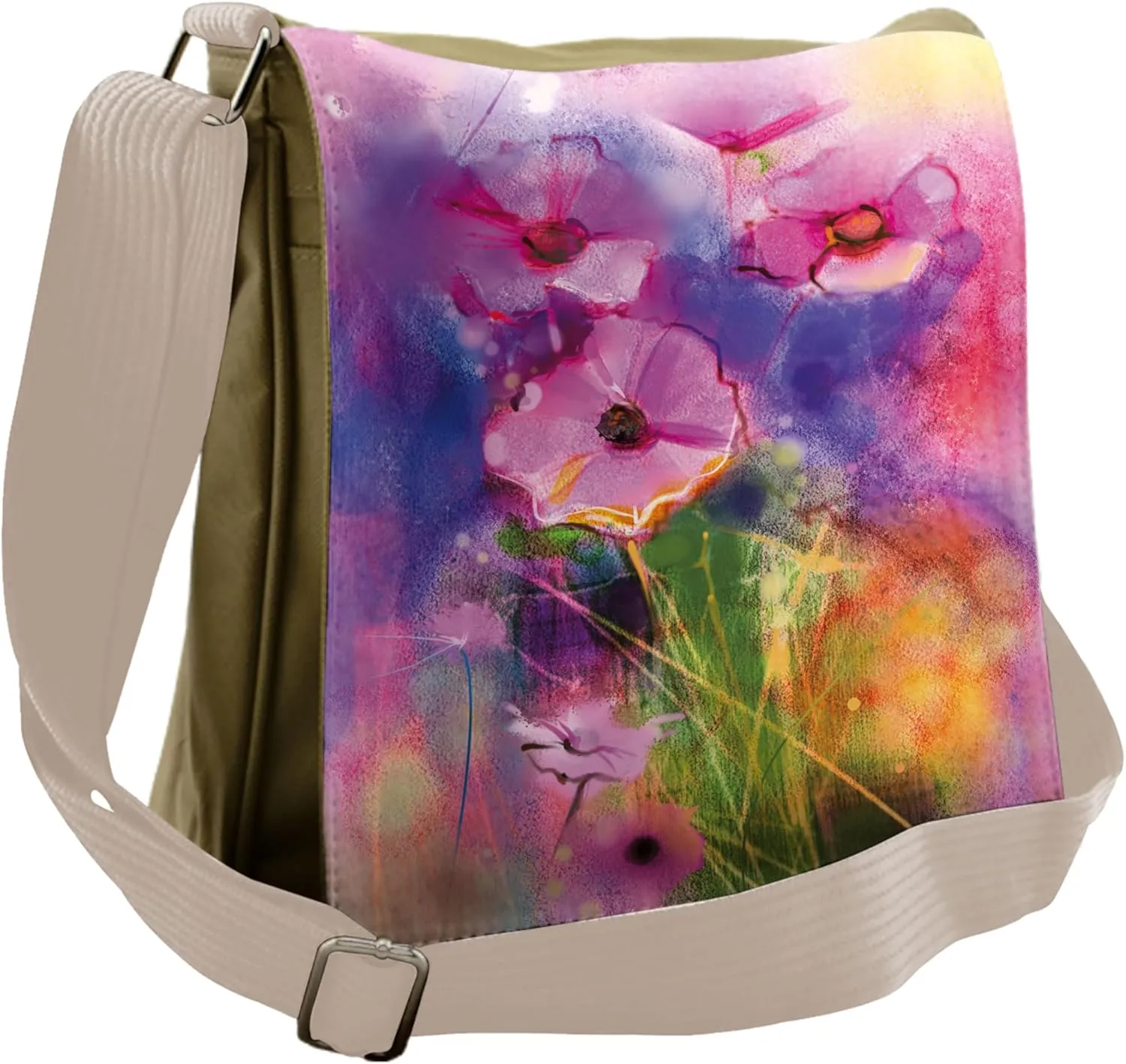 Lunarable Flower Messenger Bag, Misty Flower Fields Meadow, Unisex Cross-body