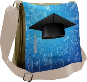 Lunarable Graduation Messenger Bag, Black Cap with Education, Unisex Cross-body