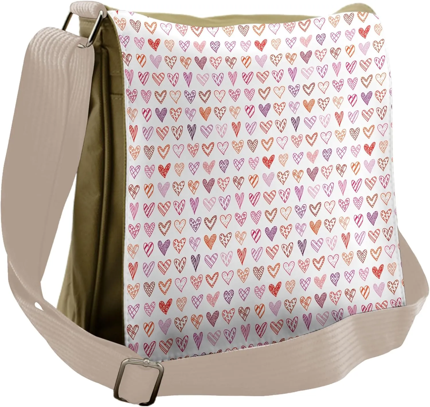 Lunarable Hearts Messenger Bag, Hand-drawn Hearts Zigzag, Unisex Cross-body