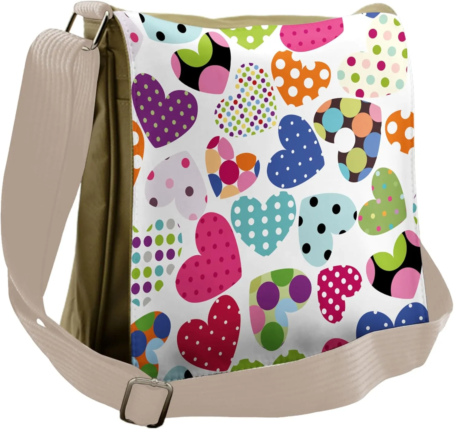 Lunarable Hearts Messenger Bag, Multicolor Retro Polka Dots, Unisex Cross-body
