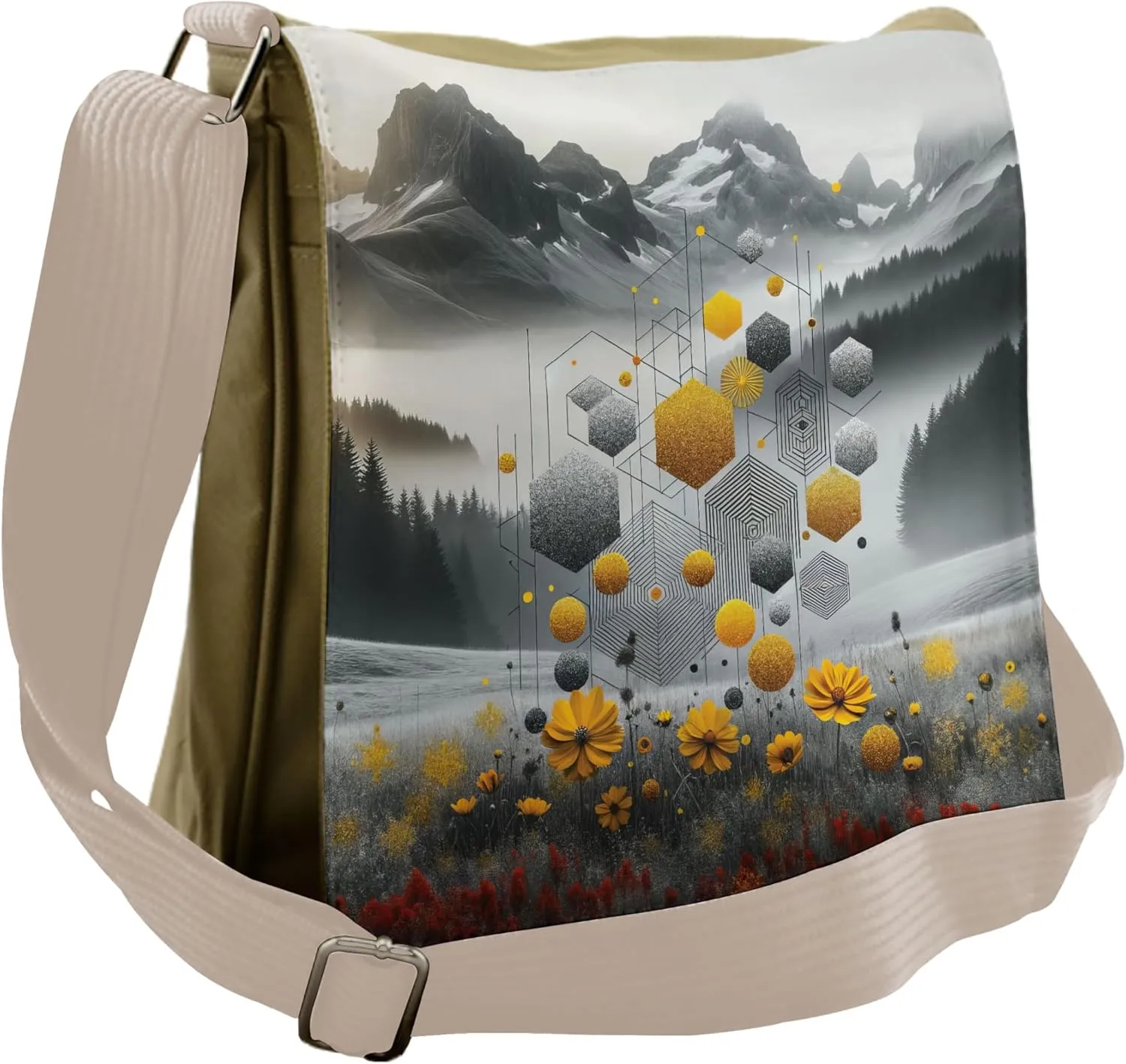 Lunarable Landscape Art Messenger Bag, Geometric Grid Floral, Unisex Cross-body
