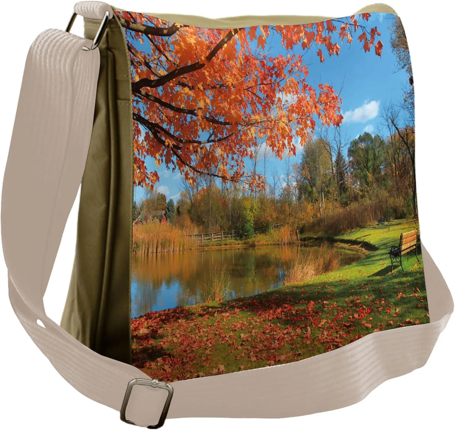 Lunarable Landscape Messenger Bag, Autumn Scene in Michigan, Unisex Cross-body