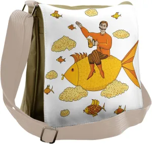 Lunarable Manly Messenger Bag, Cartoon Man Flying Fish Beer, Unisex Cross-body