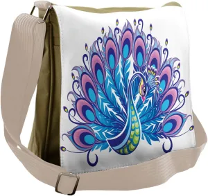 Lunarable Peacock Messenger Bag, Hand-drawn Bird Colorful, Unisex Cross-body