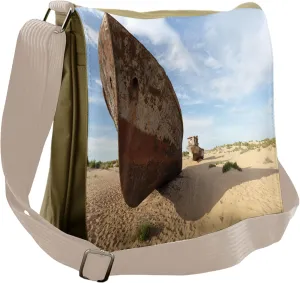 Lunarable Shipwreck Messenger Bag, Rusty Old Vessel on Sand, Unisex Cross-body