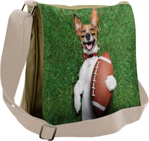 Lunarable Sports Messenger Bag, Dog Holding a Rugby Ball, Unisex Cross-body