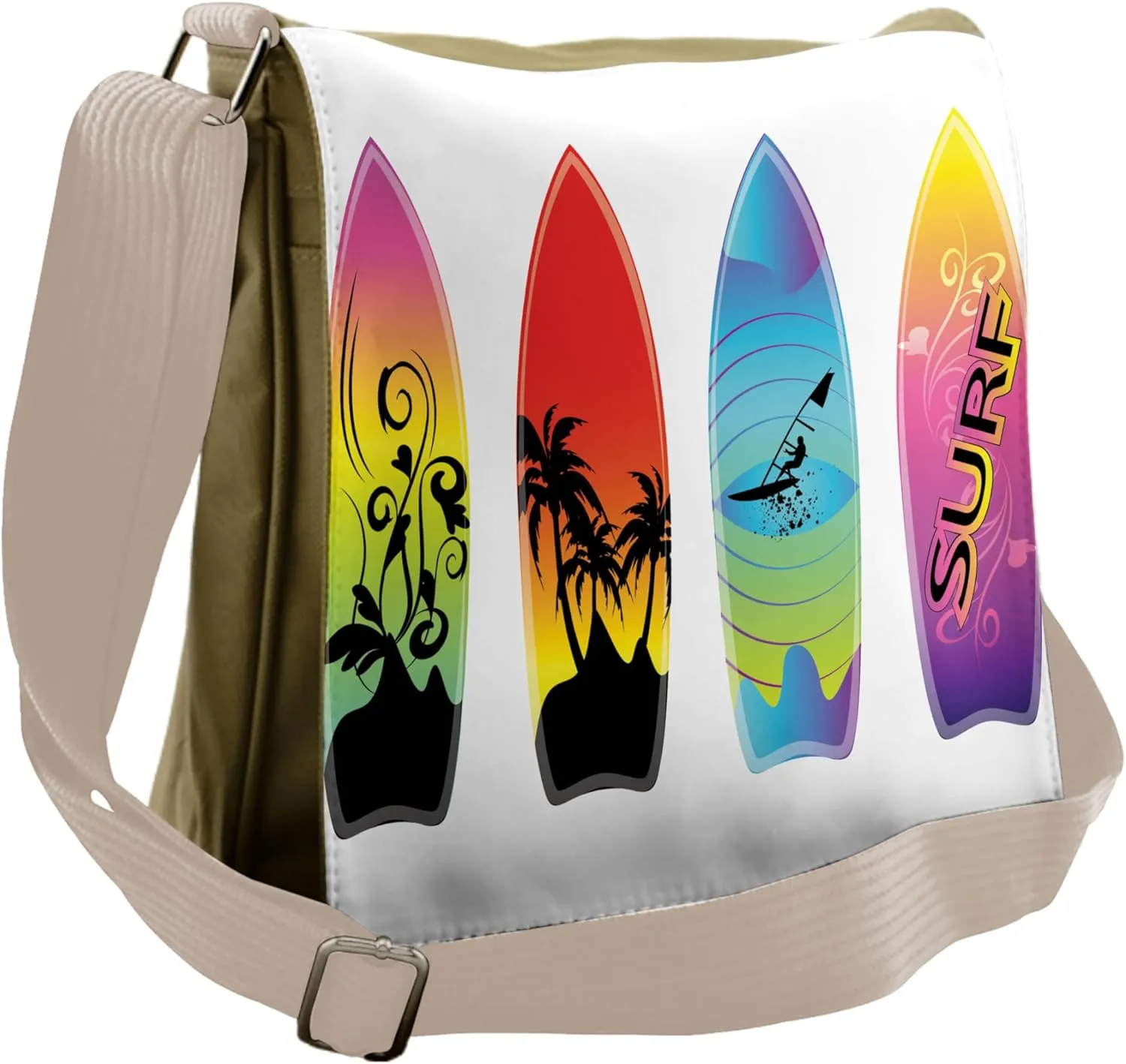 Lunarable Surfboard Messenger Bag, Seashore Amusement Hobby, Unisex Cross-body
