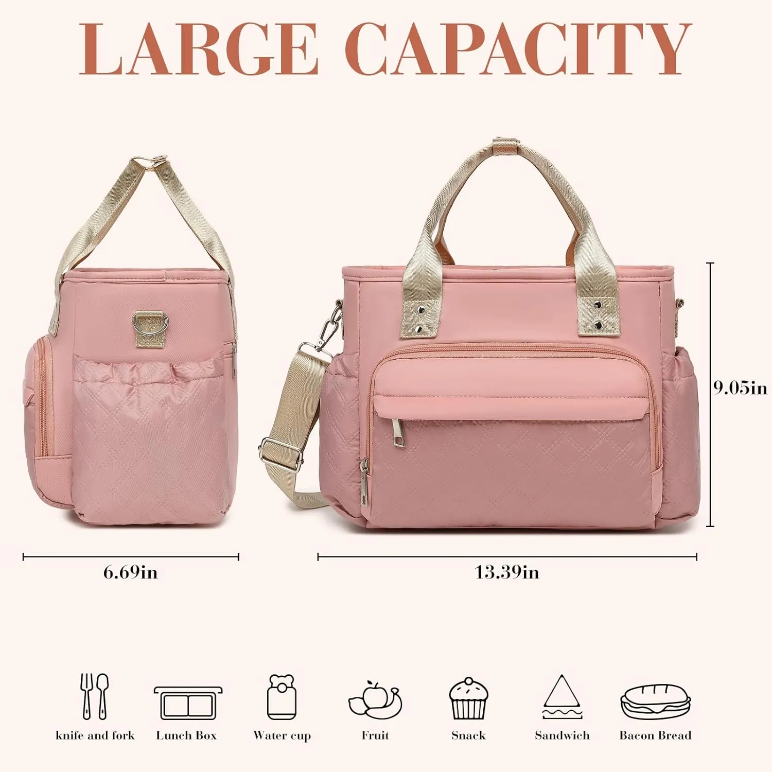 Lunch Bag for Women Work with Side Pockets & Removable Shoulder Strap - Reusable Thermal Insulated Lunch Box Cooler Bag, Leakproof Lunch Tote Bag for Women's Adult Men