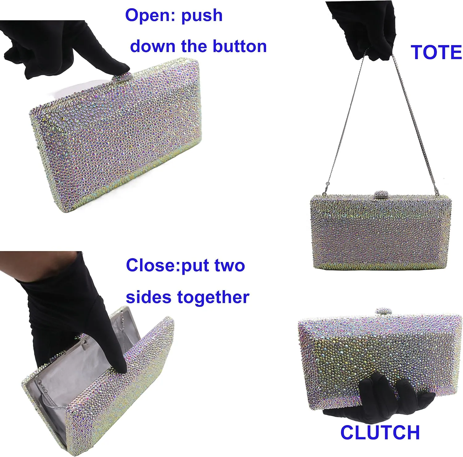 Luxury Crystal Evening Bag for Women Wedding Rhinestone Cocktail Party Clutch Purses AB Stone Prom Metal Box Handbag