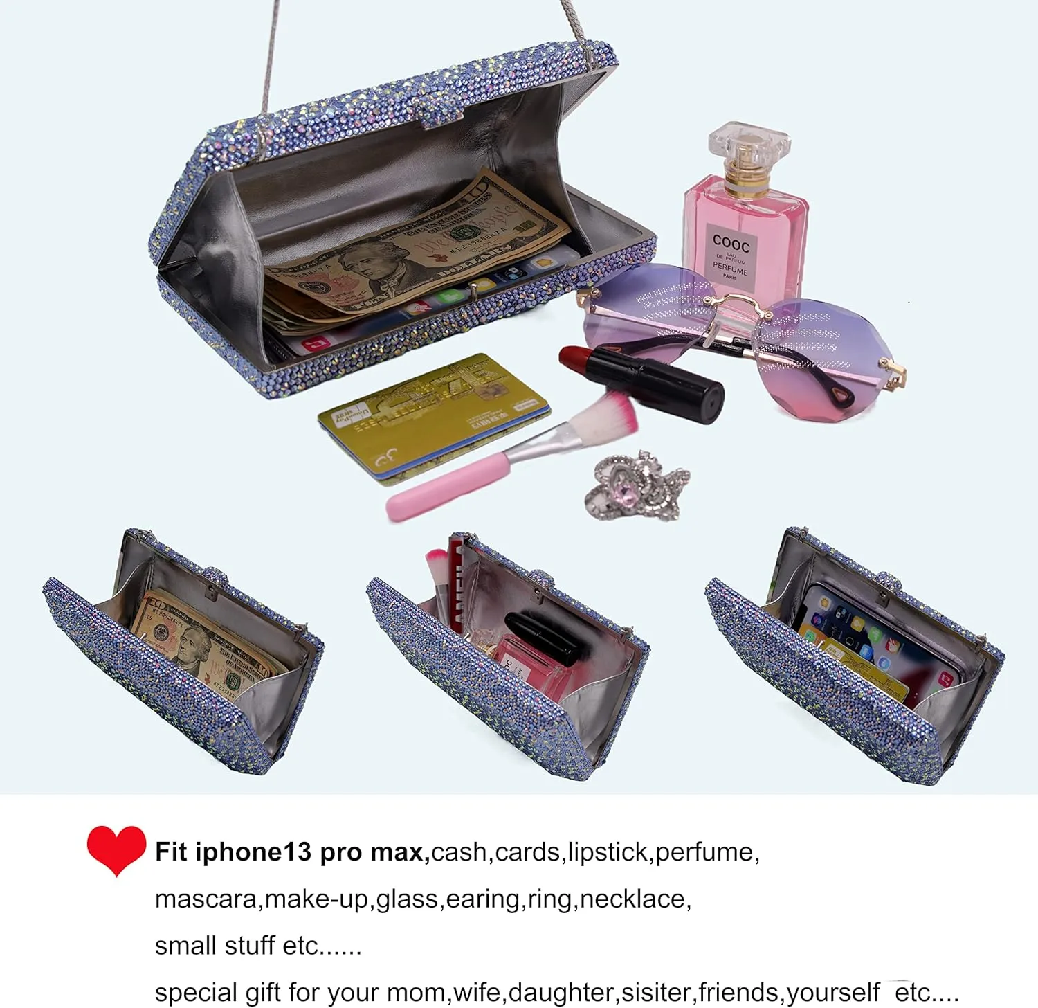 Luxury Crystal Evening Bag for Women Wedding Rhinestone Cocktail Party Clutch Purses AB Stone Prom Metal Box Handbag