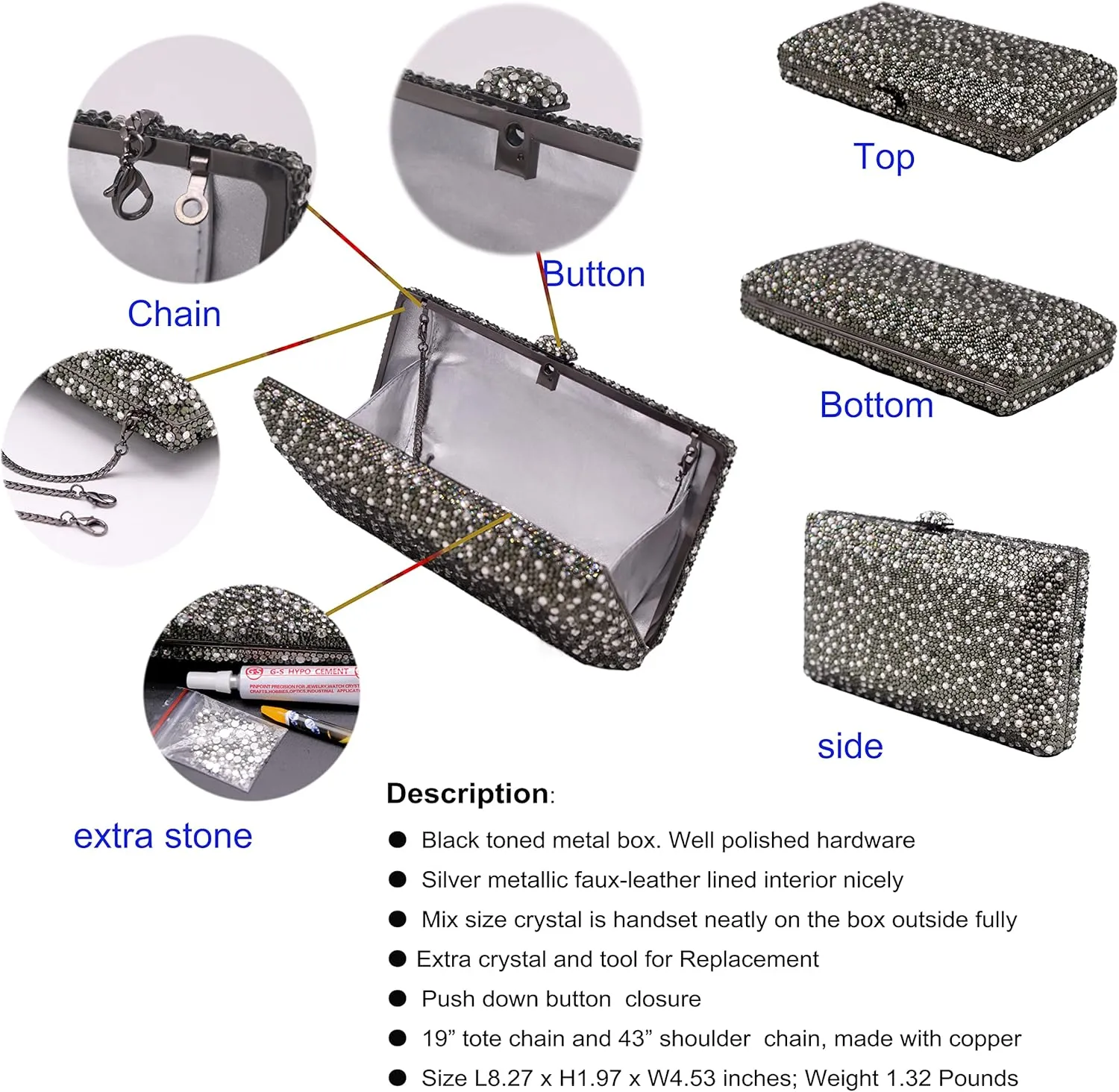 Luxury Crystal Evening Bag for Women Wedding Rhinestone Cocktail Party Clutch Purses AB Stone Prom Metal Box Handbag