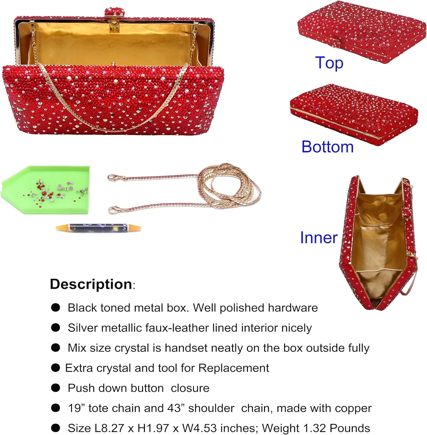 Luxury Crystal Evening Bag for Women Wedding Rhinestone Cocktail Party Clutch Purses AB Stone Prom Metal Box Handbag