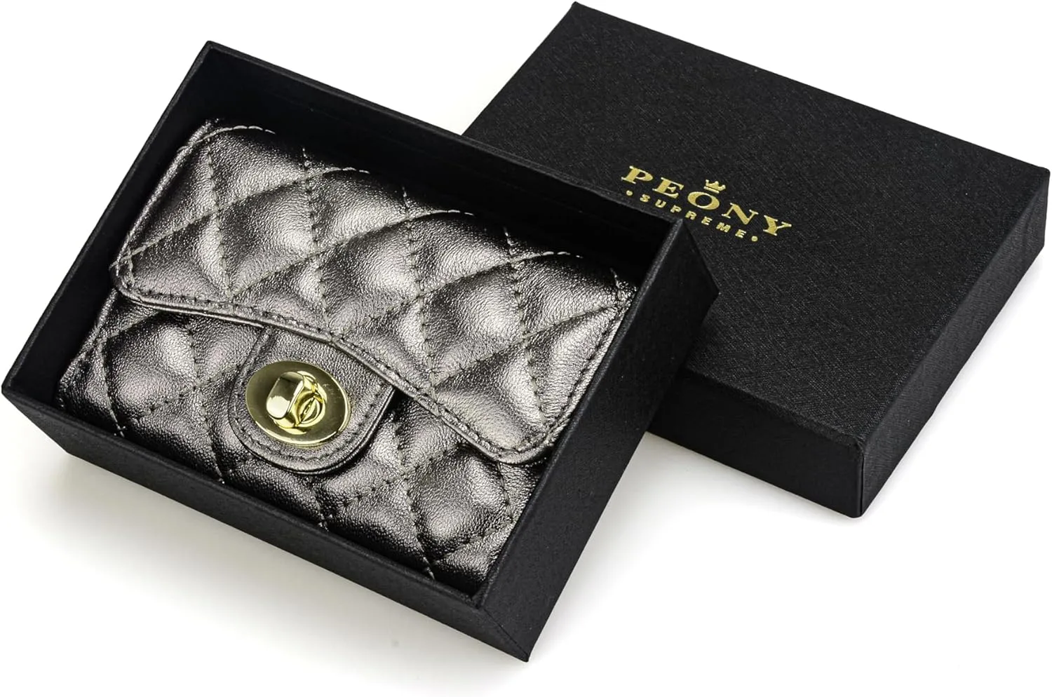 Luxury Quilted Leather Card Holder - Compact Wallet & Coin Purse - Business Card Holder - Gift for Women (Metallic)