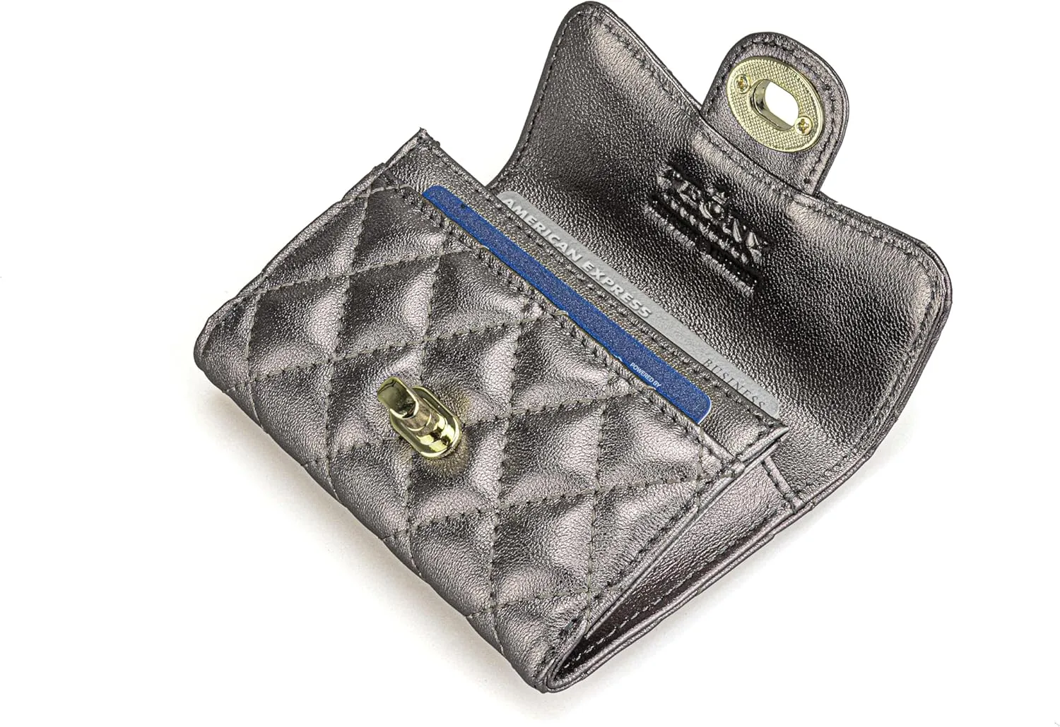 Luxury Quilted Leather Card Holder - Compact Wallet & Coin Purse - Business Card Holder - Gift for Women (Metallic)