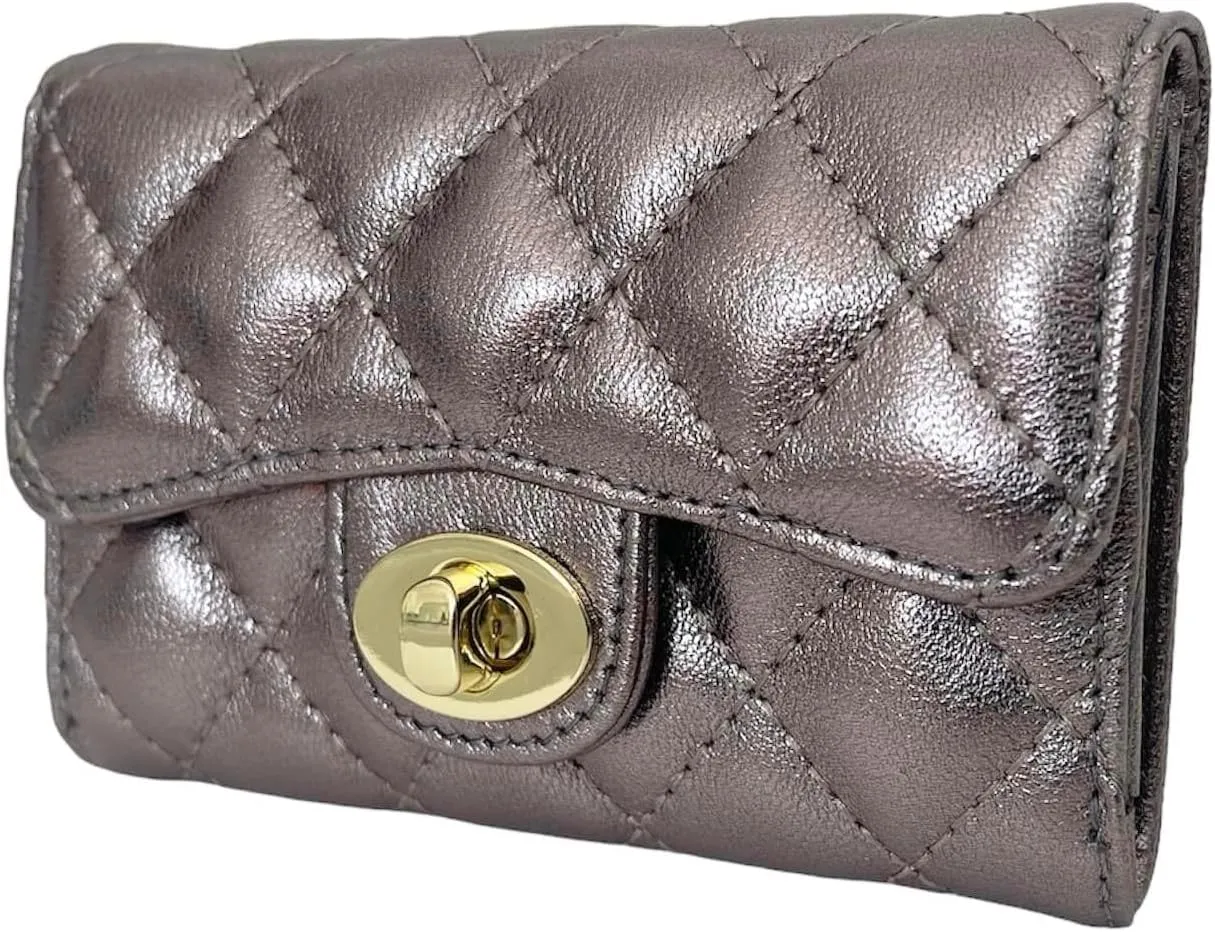Luxury Quilted Leather Card Holder - Compact Wallet & Coin Purse - Business Card Holder - Gift for Women (Metallic)