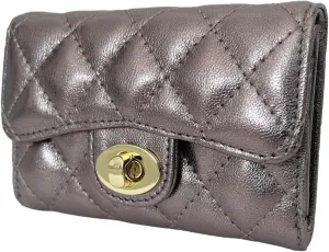 Luxury Quilted Leather Card Holder - Compact Wallet & Coin Purse - Business Card Holder - Gift for Women (Metallic)