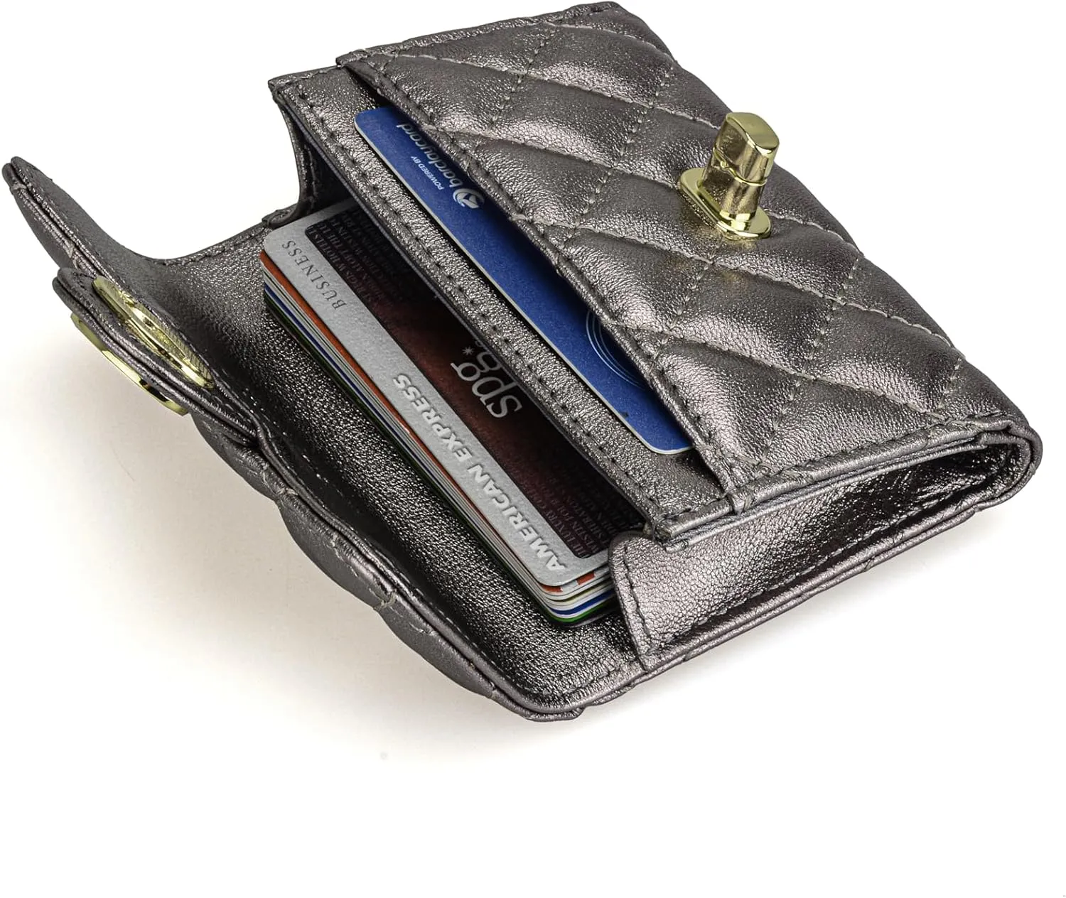 Luxury Quilted Leather Card Holder - Compact Wallet & Coin Purse - Business Card Holder - Gift for Women (Metallic)