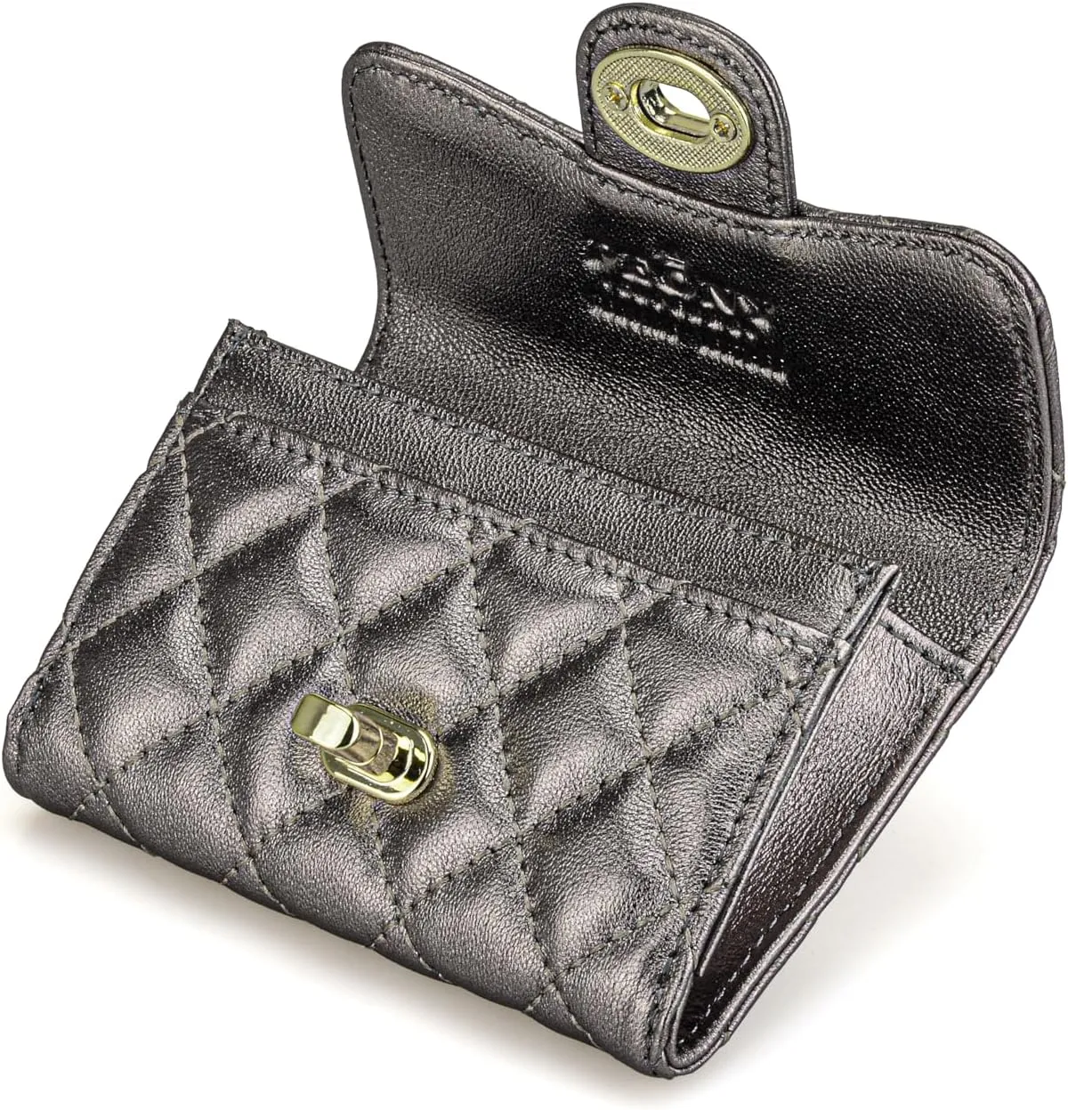 Luxury Quilted Leather Card Holder - Compact Wallet & Coin Purse - Business Card Holder - Gift for Women (Metallic)