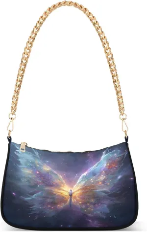 Magic Colorful Butterfly Shoulder Handbags for Women Travel Hobo Tote Handbag Women Gold Chain Shoulder Bags Purse with Zipper Closure