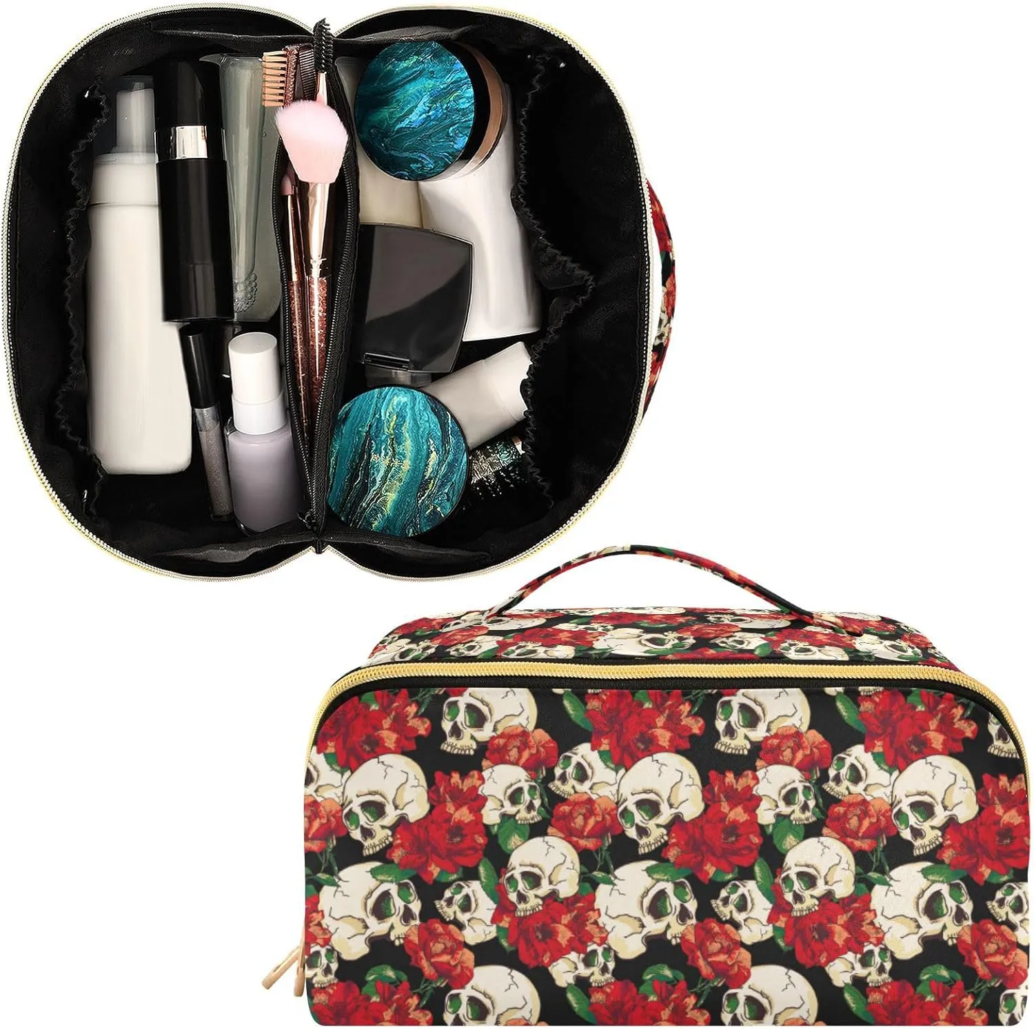 Makeup Organizer Bag, Skull and Flower Travel Makeup Bags Makeup Vanity Case Large Capacity Rhombus Cosmetic Toiletry Bag for Girl Women Ladies