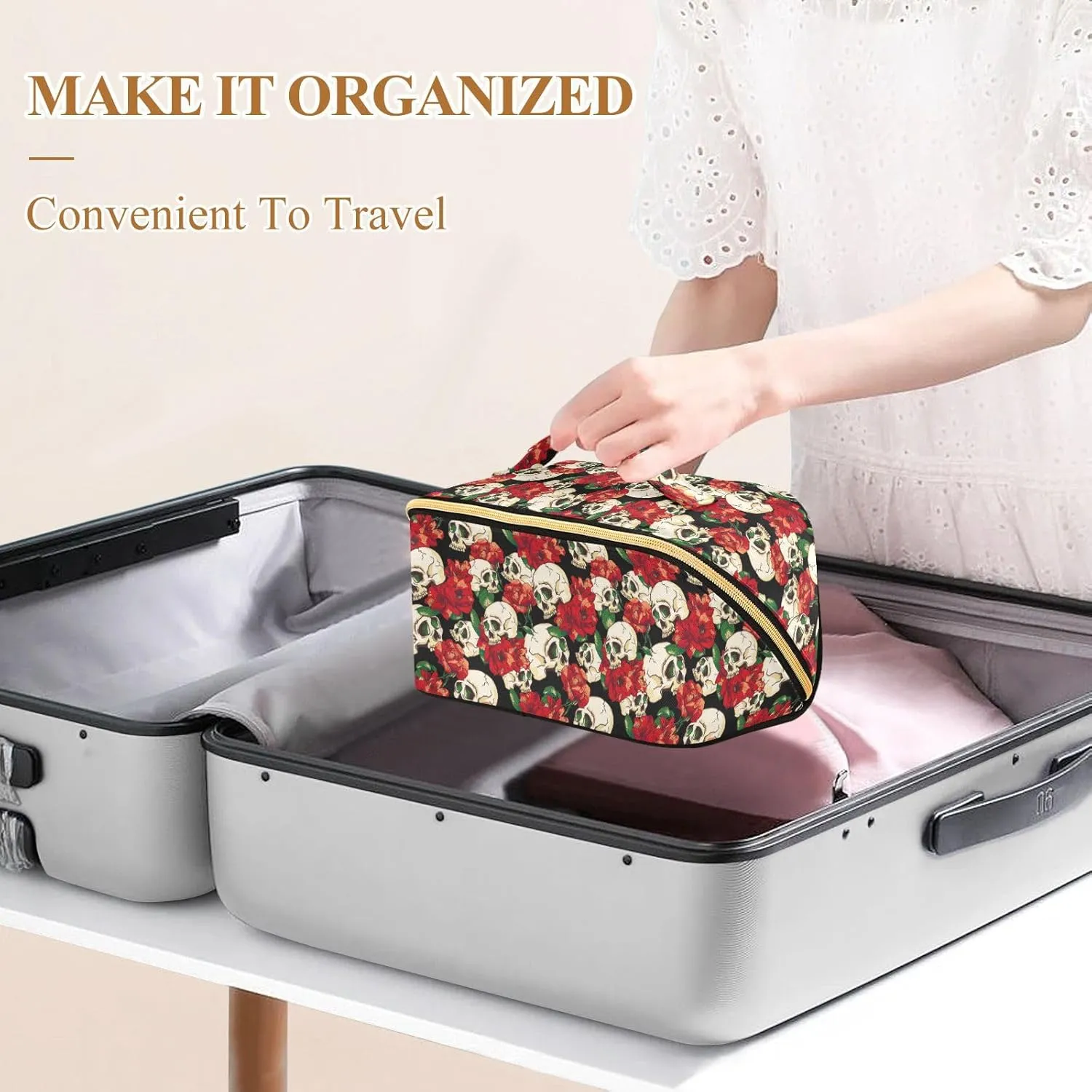 Makeup Organizer Bag, Skull and Flower Travel Makeup Bags Makeup Vanity Case Large Capacity Rhombus Cosmetic Toiletry Bag for Girl Women Ladies