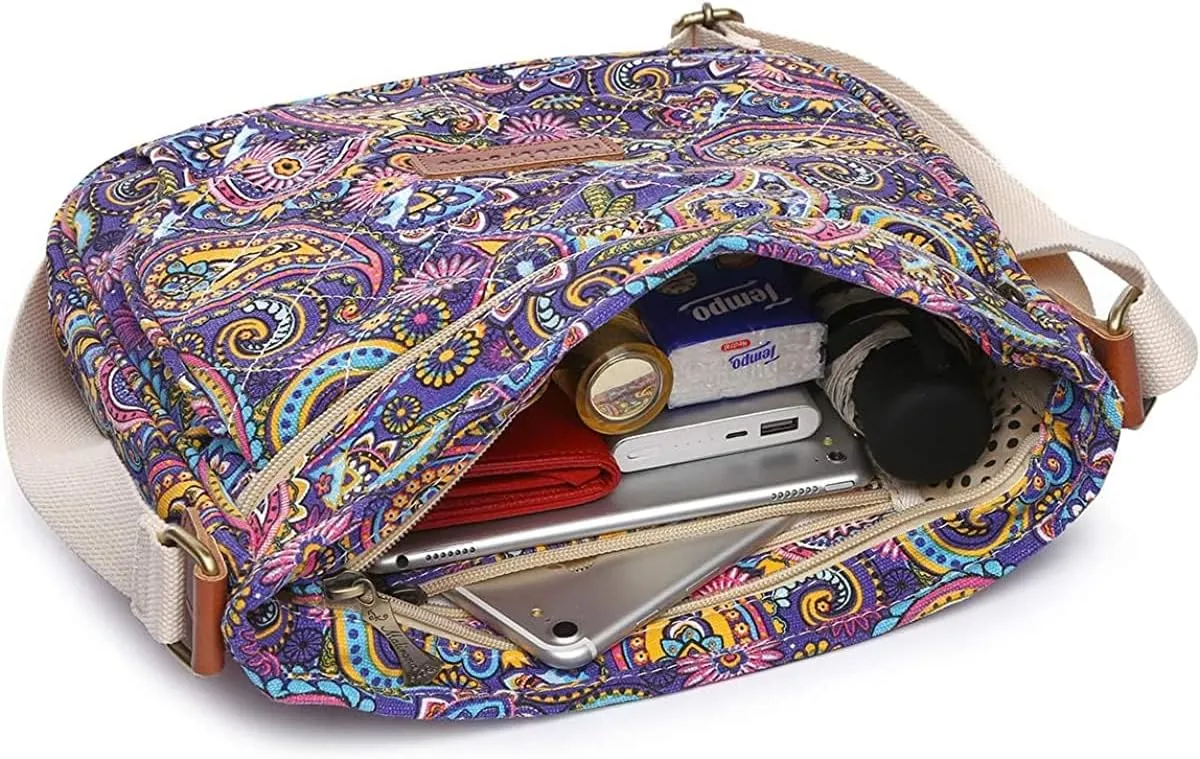 Malirona Women 's Durable Floral Crossbody Bag Canvas Messenger Handbag Multi Pocket Travel Satchel Purse