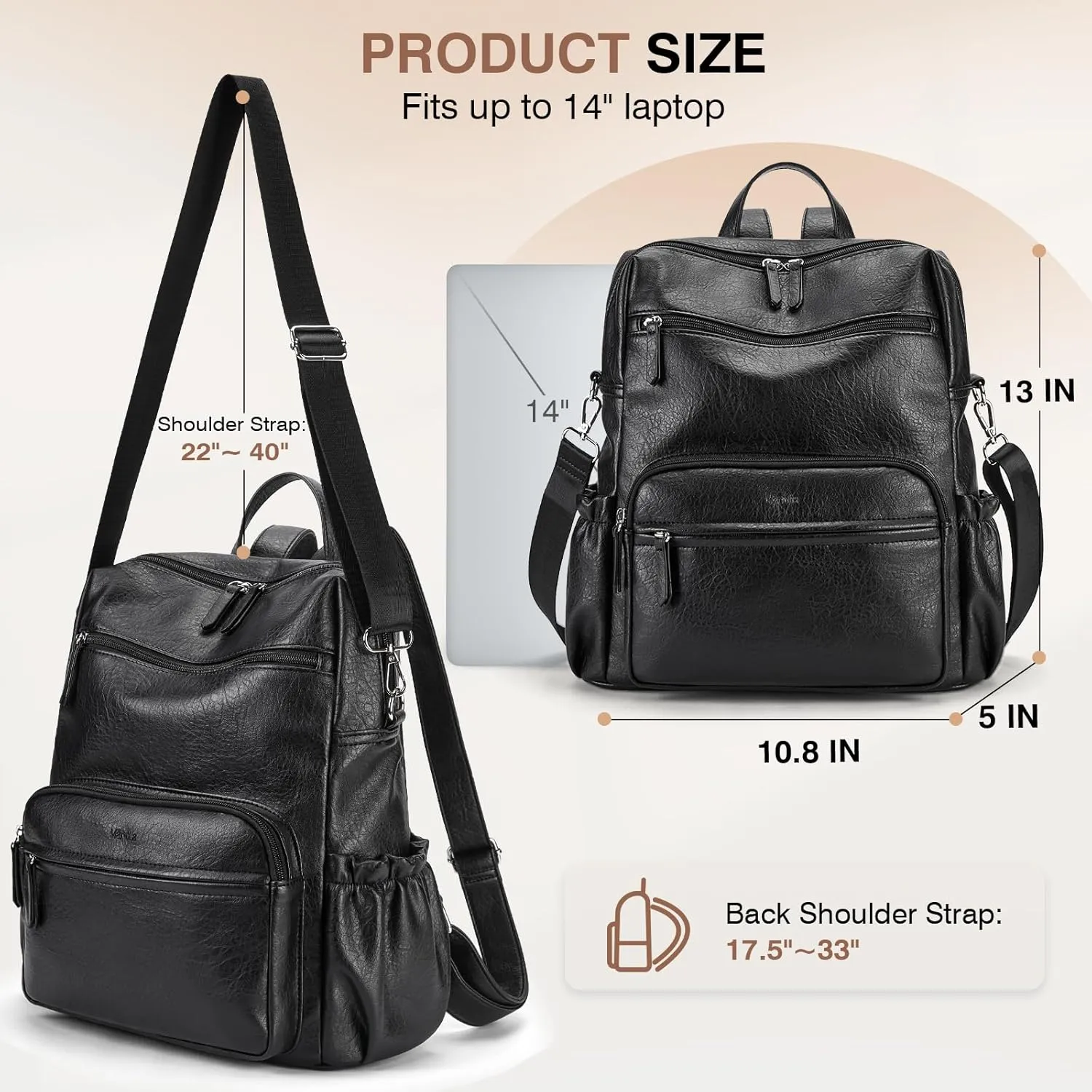 Marvolia PU Leather Backpack Purse for Women Large Fashion Designer Travel Backpack Ladies Shoulder Bag - Black