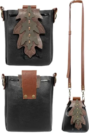 Medieval Shoulder Bag Leaf Belt Pouch Renaissance Vintage Waist Pack ELF Cosplay Ren Fairy (Black)