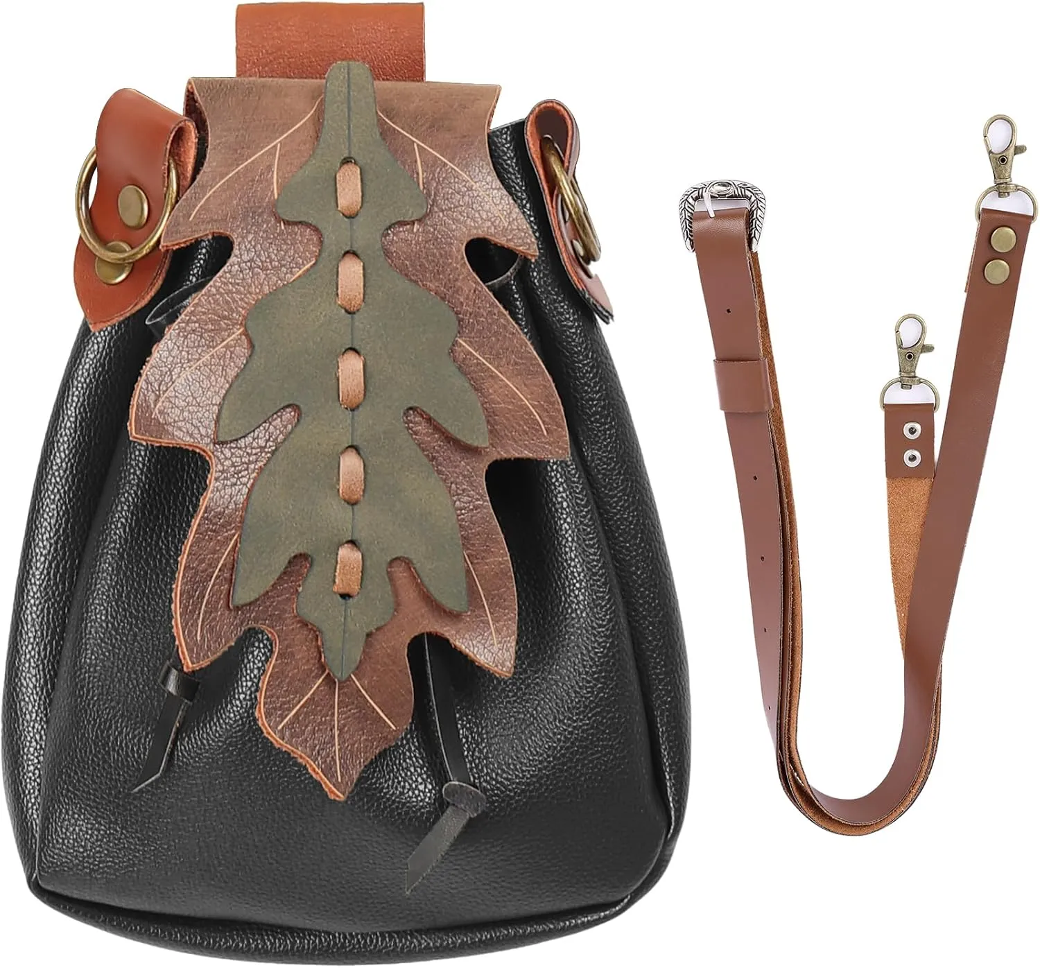 Medieval Shoulder Bag Leaf Belt Pouch Renaissance Vintage Waist Pack ELF Cosplay Ren Fairy (Black)