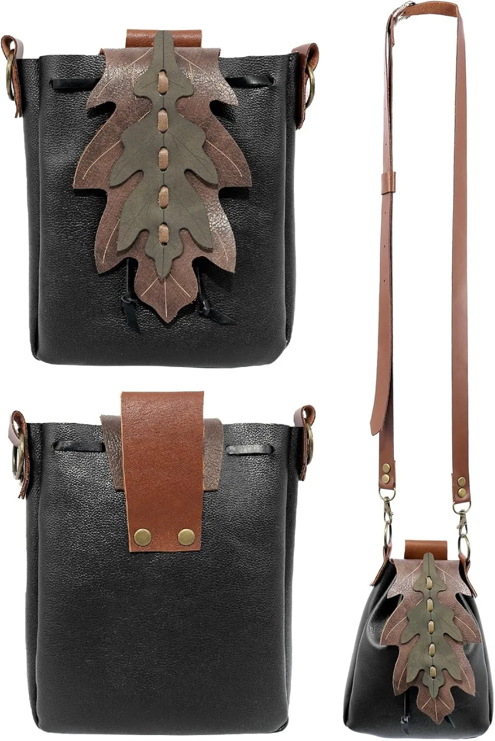 Medieval Shoulder Bag Leaf Belt Pouch Renaissance Vintage Waist Pack ELF Cosplay Ren Fairy (Black)