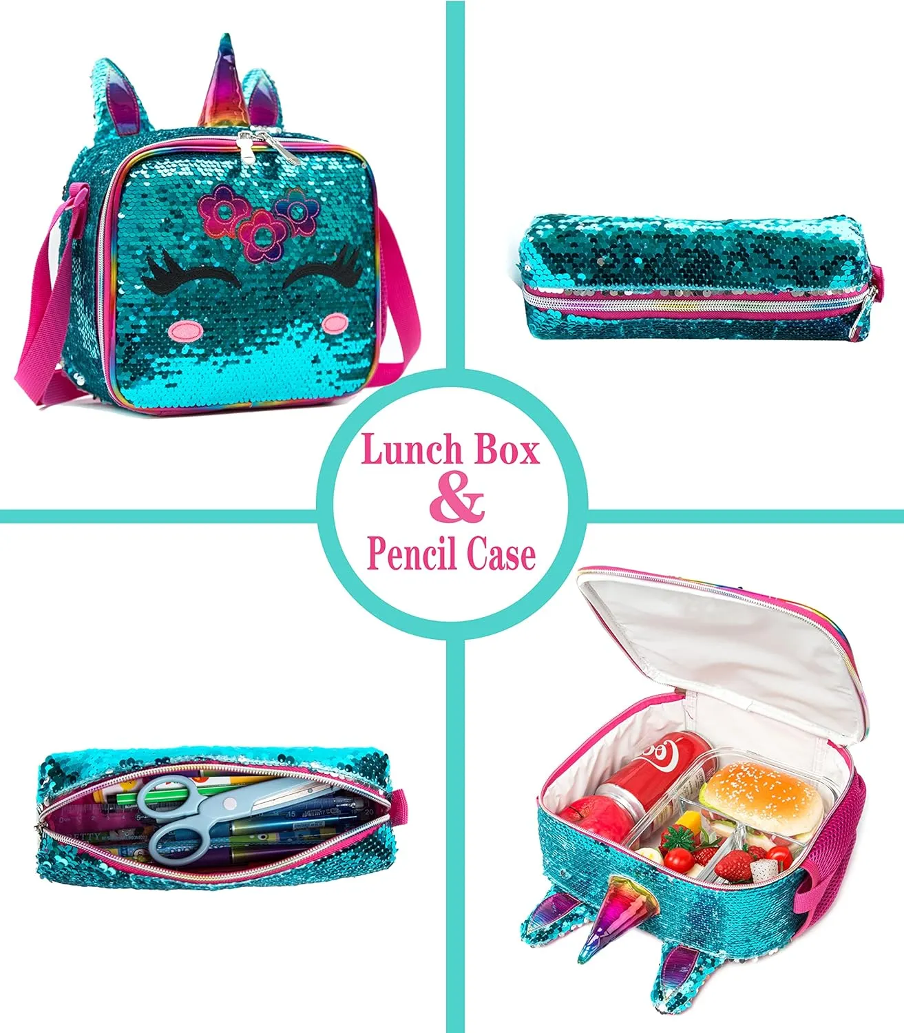 Meetbelify Unicorn Backpack for Gilrs Sequin Backpacks for Elementary Preschool Students Kids School Backpack with Lunch Box for Teen Girls